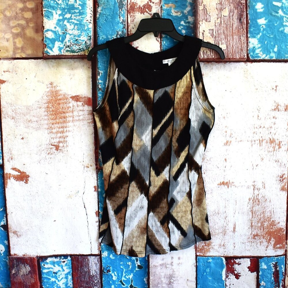 Women's Sandra Darren Blouse Sleeveless Top Button SIZE 6 Black /Gray/Taupe